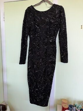 Dress The Population Black Sequin Long-Sleeve Stretch Dress Midi sz Medium